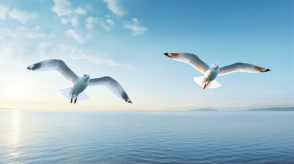 Fototapeta na wymiar An AI illustration of two seagulls flying over the ocean on a cloudy day