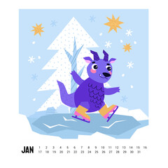 Cute Dragon cartoon mascot character. 2024 Dragon Calendar. January. Happy New Year of the Dragon. Dragon skates on an ice rink in a winter forest. Stars and snowfall. Christmas tree.