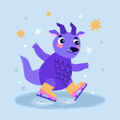Cute Dragon cartoon mascot character. January. Happy New Year of the Dragon. Dragon skates on an ice rink in a winter season. Stars and snowfall. Christmas time.