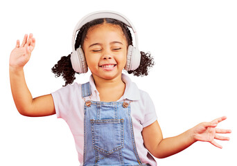 Kid, smile and music headphones to dance isolated on a transparent png background. Radio, happy and...