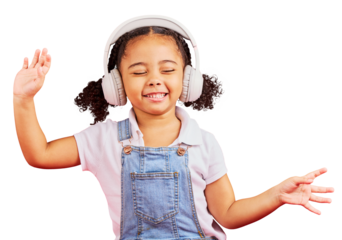 Kid, smile and music headphones to dance isolated on a transparent png background. Radio, happy and African girl child listening while streaming sound, audio or podcast, media and hip hop with energy