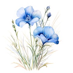 Flowers in flax blue on a white background. Generative Ai.