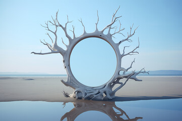 Dry tree frame mirror on ocean sand beach landscape. Product display on surreal background with dry driftwood snag, branch. Empty space