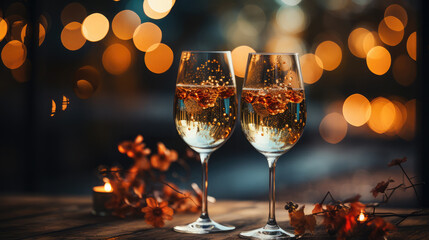 Glasses with champagne bubbles, New Year, Christmas, celebration, gold, bokeh photo, postcard,...