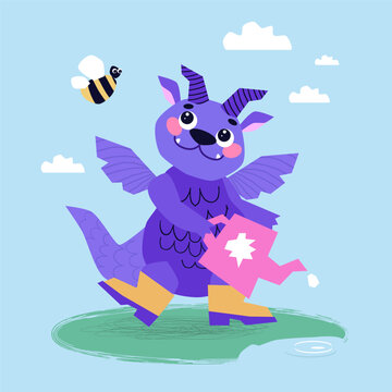 The dragon watering. A dragon watering a flower on the bank of a pond. Bee. Cute Dragon cartoon mascot character. Spring Summer season. Happy New Year of the Dragon.