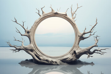 Dry tree circle frame on ocean sand beach landscape. Product display on pastel surreal background with dry driftwood snag, branch. Empty space - obrazy, fototapety, plakaty