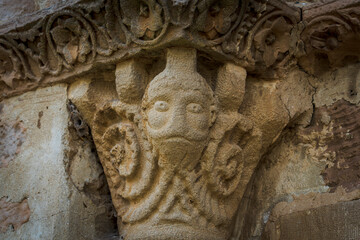 Santa Maria de Eunate church , Romanesque figurative capital,, 12th century, Ilzarbe Valley, Navarra, Spain