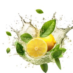 Lemonade with leaves on a white background. Generative Ai.