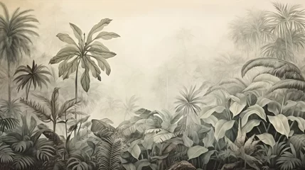 Raamstickers Retro mural photo wallpaper jungle and graceful leaves tropical forest vintage background graphics painting art card poster print interior - generative AI © Александра Низенко