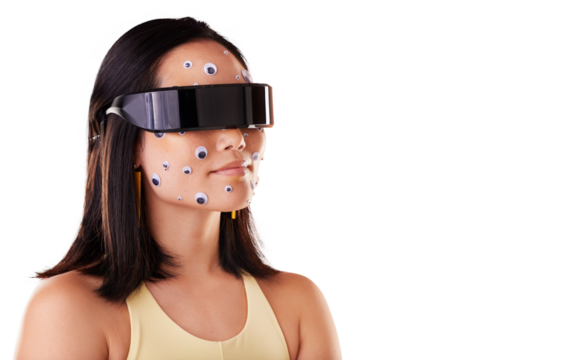 3d metaverse, virtual reality or woman in vr, exploring cyber world or futuristic technology. Future, eye stickers or female with digital headset with png or gaming isolated on transparent background