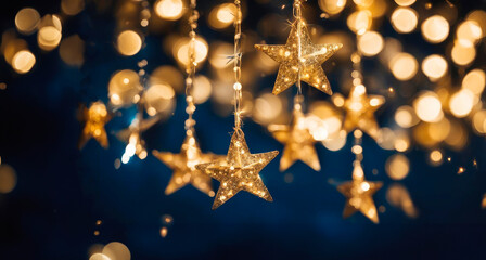 Blurred bokeh light background. New Year's decor in the shape of stars. New Year and Christmas background, bokeh, sparkles.
