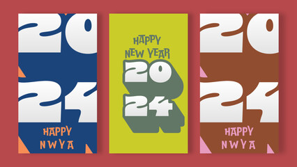 2024 Happy New Year Vertical Social Media Banner Long Shadow Curvy Typography