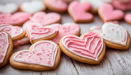 Decorated heart shaped cookies on white wooden background