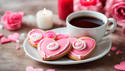 Fototapeta na wymiar Decorated heart shaped cookies on white plate and a cup of coffee