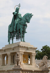 Fototapeta premium Budapest, B, Hungary - August 18, 2023:horse riding statue of stephen i first king of Hungary in fisherman s bastion