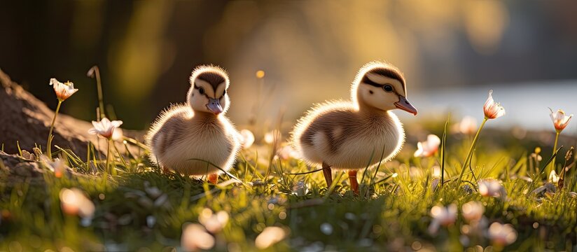 Egyptian goslings foraging in a park on a sunny spring morning - Powered by Adobe