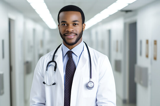 An African American medical worker in a white coat poses in the corridor of a medical facility. Man looking at camera and smiling