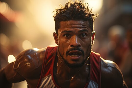 Jogger's intense focus during a competitive track race, Generative AI