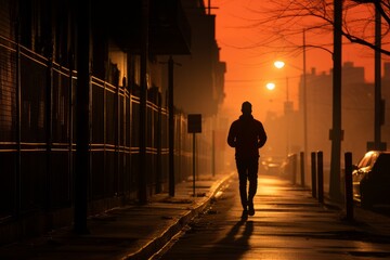Jogger's shadow cast on an urban sidewalk at dawn, Generative AI