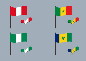 Set of flags (Nigeria, Peru, Senegal, Mali). Heart in flag colors. Set of national symbols.