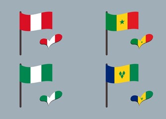 Set of flags (Nigeria, Peru, Senegal, Mali). Heart in flag colors. Set of national symbols.