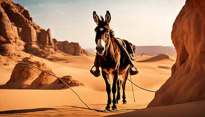 donkey stands in a desert with a rope around its neck, surrounded by dry sand and rocks, evoking a sense of solitude and serenity.