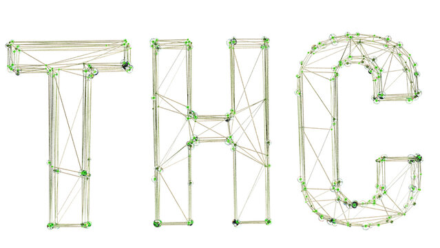  Typo "THC" rendered in a chemical molecule design., PNG, 3d render.