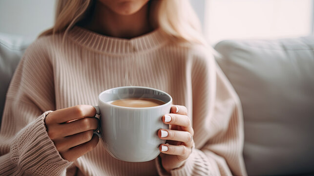 Blonde woman wearing light colored sweater sitting on comfortable sofa and holding blank white mug cup filled with coffee created with Generative AI Technology
