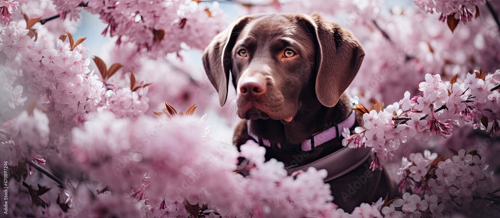 Poster Dog sitting in a lilac tree