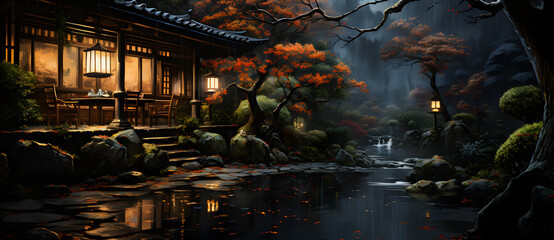 Ancient Chinese gardens in the forest at night contain buildings ponds bridges trees lights moon 9
