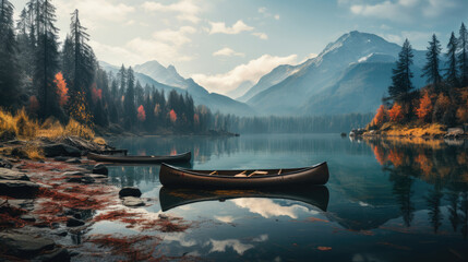 The wooden canoe boat is parked next to a lake with calm water and the reflection of the boat with beautiful landscape views such as mountains and pine forests created with Generative AI Technology - obrazy, fototapety, plakaty