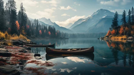 Fotobehang The wooden canoe boat is parked next to a lake with calm water and the reflection of the boat with beautiful landscape views such as mountains and pine forests created with Generative AI Technology © AstraNova