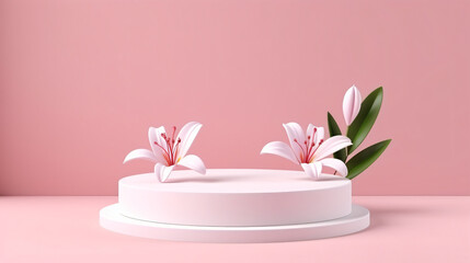 Blank cylinder podium with lily flowers on pink background