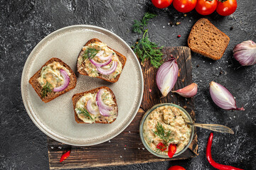 Sandwiches with delicious lard spread. vertical image. top view. place for text