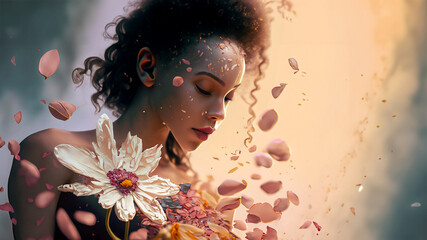 Fototapeta premium Woman with flowers breaking apart, lesbian, LGBTQ+ concept