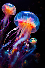 Fototapeta premium Galaxy underwater jellyfish glow in the dark deep sea with vibrant colors on dark background