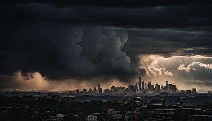 menacing dark cloud hovers over a city skyline, casting an ominous shadow, suggesting a scene of potential danger and destruction