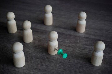 Wooden dolls and pushpin. Target customer, target market and potential client concept.