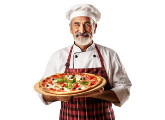 Middle-aged chef holding a big delicious pizza, cut out