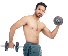 Portrait, fitness and dumbbells with a bodybuilder man isolated on a transparent background for health or wellness. Exercise, weight or muscle with a strong male athlete on PNG for a training workout