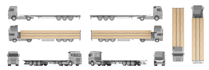 A mock-up of a flatbed truck on a white background for vehicle branding, corporate identity. The camera is positioned at 45 degrees to the horizon. 3d illustration. Orthographic (equiangular) view. - obrazy, fototapety, plakaty