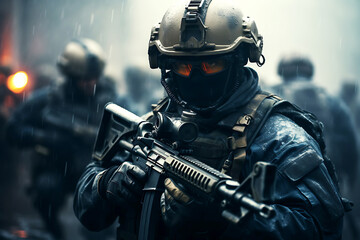 A man in military uniform and a black mask holds a machine gun. The man is ready to fight