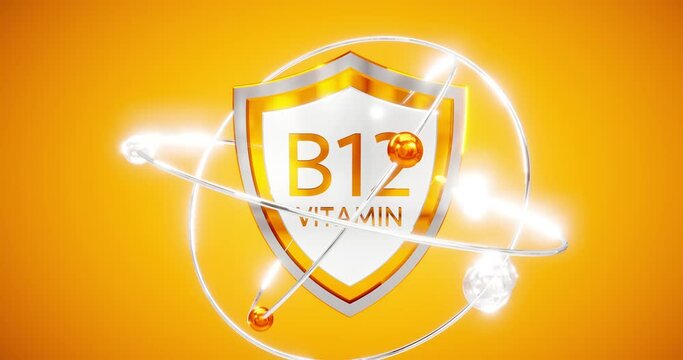 shield with symbol of cobalamin - vitamin b12, orbiting atoms, vitamin complex, 3d rendering