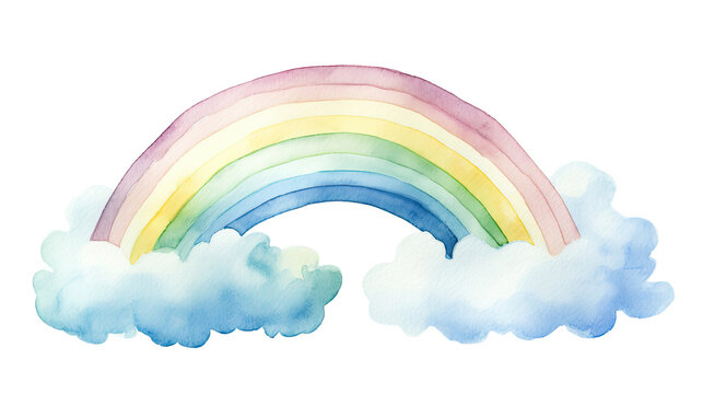 Cute rainbow cartoon baby shower with bright color clouds nuanced blue rustic watercolor style hand painted on white background created with Generative AI Technology