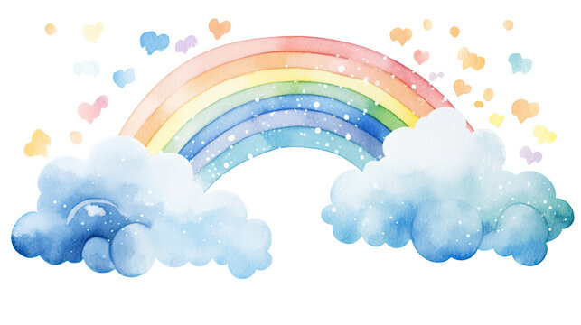 Cute rainbow cartoon baby shower with bright color clouds nuanced blue rustic watercolor style hand painted on white background created with Generative AI Technology