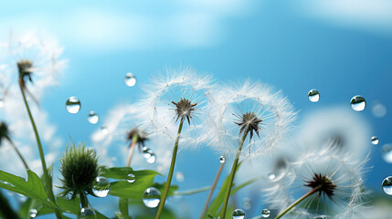Dew drops falling from dandelion flower seeds in the morning sunlight on a bright blue sky background