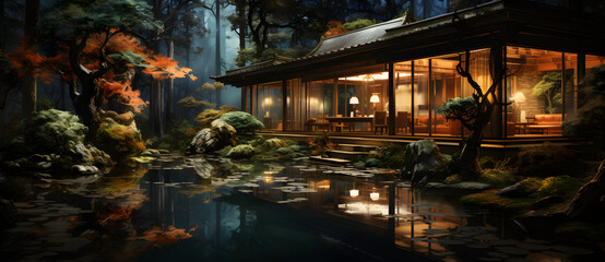 Ancient Chinese gardens in the forest at night contain buildings ponds bridges trees lights moon 15