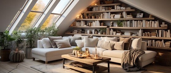 Fototapeta premium Attic Living Room with Eclectic Knick-Knacks in Scandinavian Style