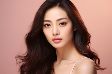 Fototapeta premium Beautiful young Asian woman with clean fresh skin on a pink background.