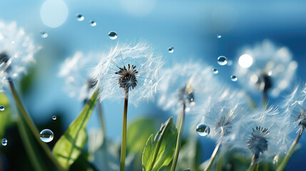 Dew drops falling from dandelions flower seeds in the morning sunlight on a bright blue sky background